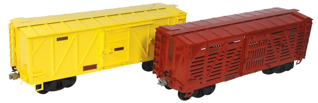 Toy Train, Buddy L Outdoor Freight Cars (2), pressed: Toy Train, Buddy L Outdoor Freight Cars (2), pressed steel, mfgd by T-Reproductions, #70836 box car & #12457 livestock car, Exc cond, larger 22"L.