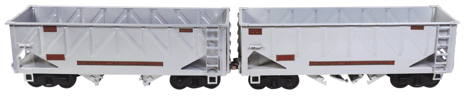 Toy Train, Buddy L Outdoor Freight Cars (2), pressed: Toy Train, Buddy L Outdoor Freight Cars (2), pressed steel, mfgd by T-Reproductions, includes 2 bottom dump hopper cars in VG to Exc cond, ea 22"L.