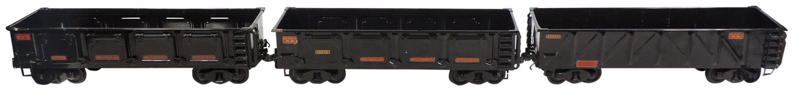 Toy Train, Buddy L Outdoor Railroad Gondolas (3),: Toy Train, Buddy L Outdoor Railroad Gondolas (3), pressed steel, mfgd by T-Reproductions, 2 w/side dump hatches, VG to Exc cond noting 2 couplers damaged, ea 22"L.