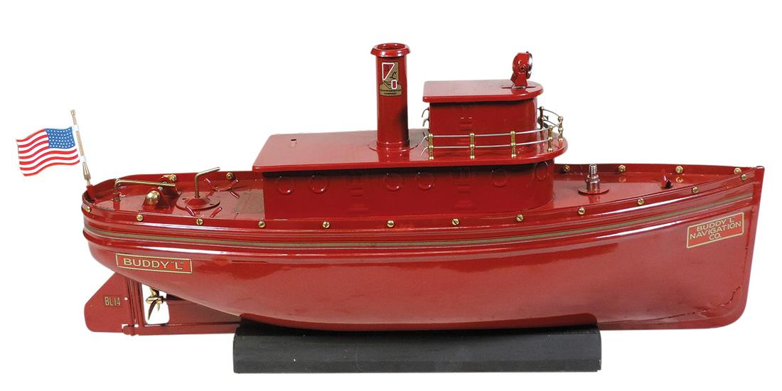 Toy Boat, Buddy L Tug Boat, No. 3000, pressed steel,: Toy Boat, Buddy L Tug Boat, No. 3000, pressed steel, mfgd by T-Reproductions, red painted finish w/gold & red pin-striping, decals for "Buddy "L" Navigation Co." on bow, three-blade brass screw-driven