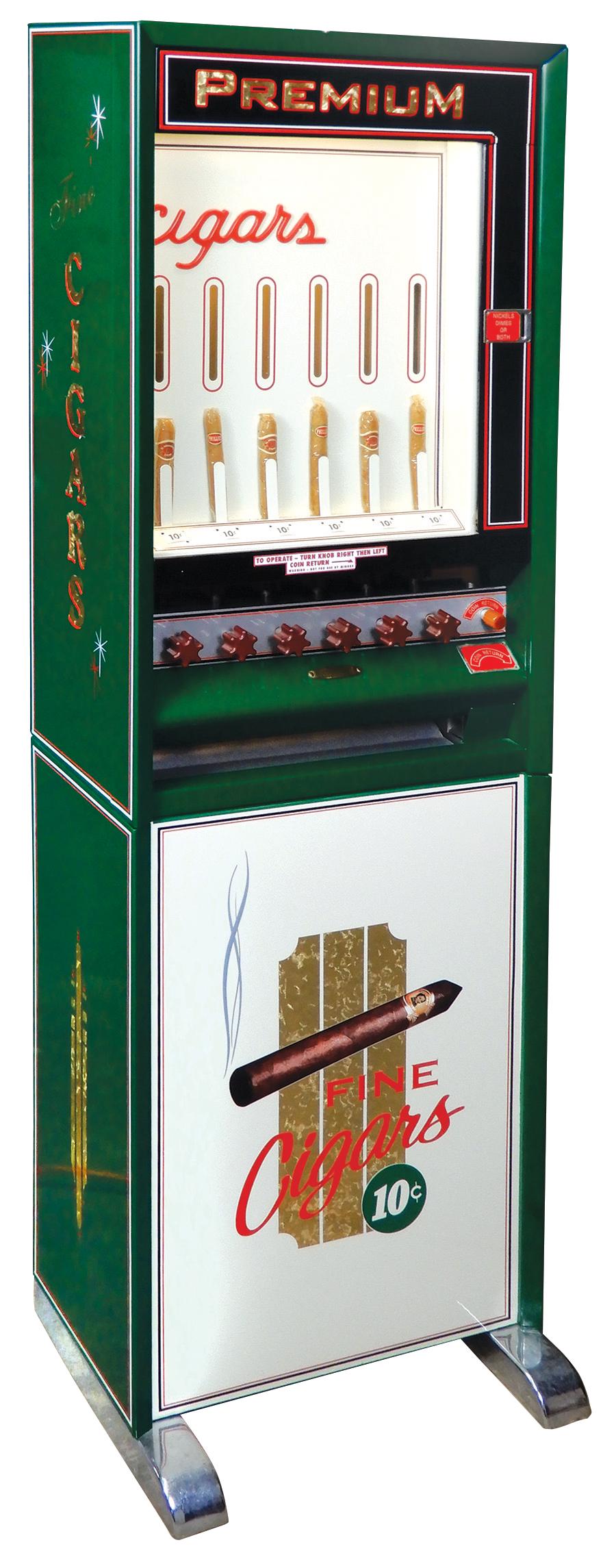 Coin-Operated Vending Machine, Cigaromat 6-column/brand: Coin-Operated Vending Machine, Cigaromat 6-column/brand cigar vendor, 10 Cent, c.1950s, Exc prof restored working cond, 61"H x 19"W x 14"D.