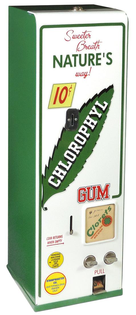 Coin-Operated Chlorophyll Gum 10 Cent Vendor, pressed: Coin-Operated Chlorophyll Gum 10 Cent Vendor, pressed steel wall or counter mount by Shipman Mfg Co., c.1950s-60s, dispenses 4 pcs, Exc prof restored working cond w/a couple of later nicks, 21"H x 7"W