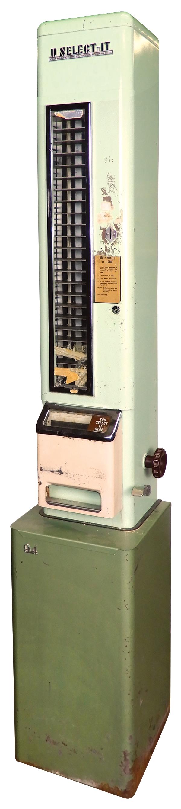 Coin-Operated Vending Machine on Stand, U-Select-It,: Coin-Operated Vending Machine on Stand, U-Select-It, c.1950s, orig Good working cond but needs lock & some adjustment, 73"H x 12"W x 12"D.