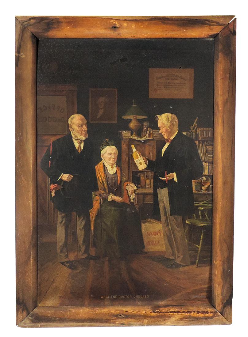 Breweriana Sign, Shaw's Malt Whiskey "What The Doctor: Breweriana Sign, Shaw's Malt Whiskey "What The Doctor Ordered", litho on tin dated 1910, large & impressive size, Good cond w/scattered dimples, lower bends & paint spatters, contained in orig wood fr