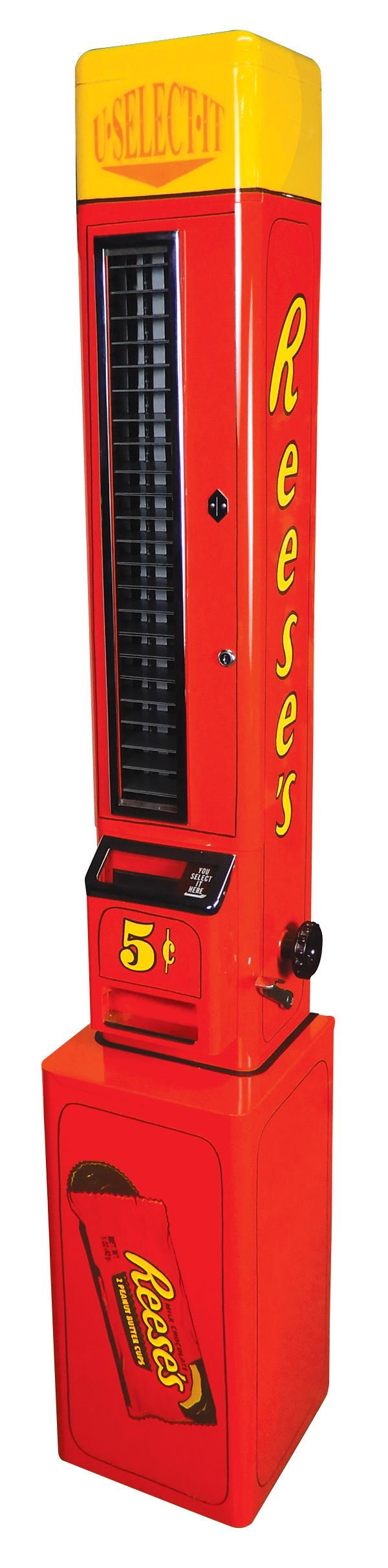 Coin-Operated Vending Machine on Stand, U-Select-It,: Coin-Operated Vending Machine on Stand, U-Select-It, prof restored in colorful Reese's motif, 25 Cent, c.1950s, Exc working cond, 73"H x 12"W x 12"D.