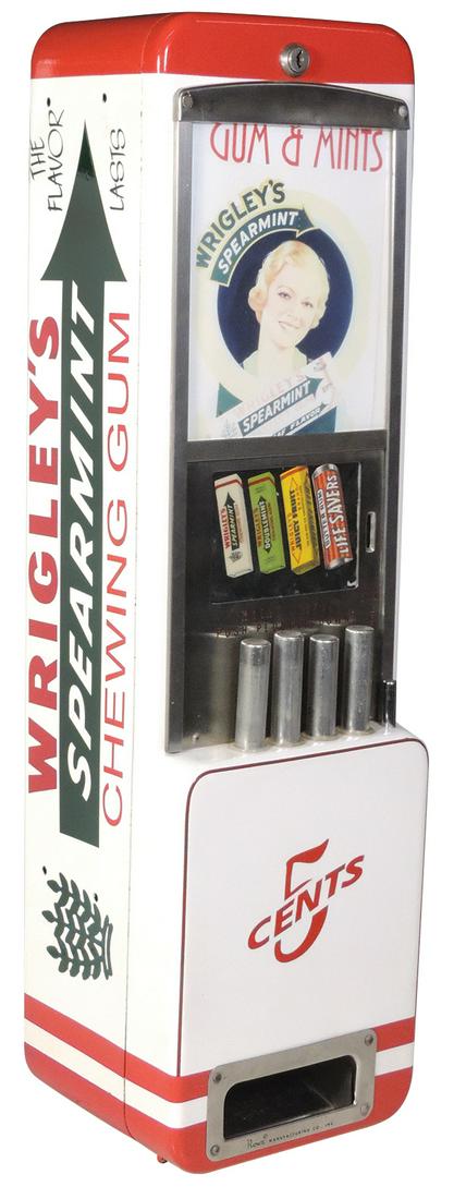 Coin-Operated Gums & Mints 5 Cent Vendor, wall mount: Coin-Operated Gums & Mints 5 Cent Vendor, wall mount pressed steel w/Wrigley's graphics, stainless trim & 4 columns, mfgd by Rowe Mfg Inc., prof restored retaining orig product card, Exc working cond