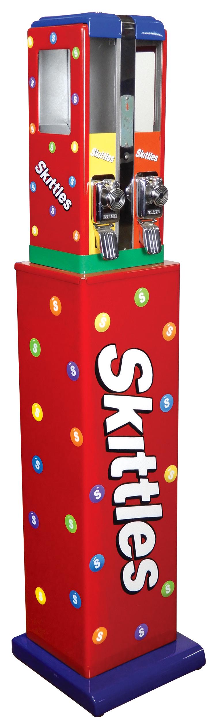 Coin-Operated Vending Machine on Stand, double 1 Cent: Coin-Operated Vending Machine on Stand, double 1 Cent Kandy King, prof restored in Skittles motif, c.1960s, Exc working cond, 54"H x 12"W x 12"D.