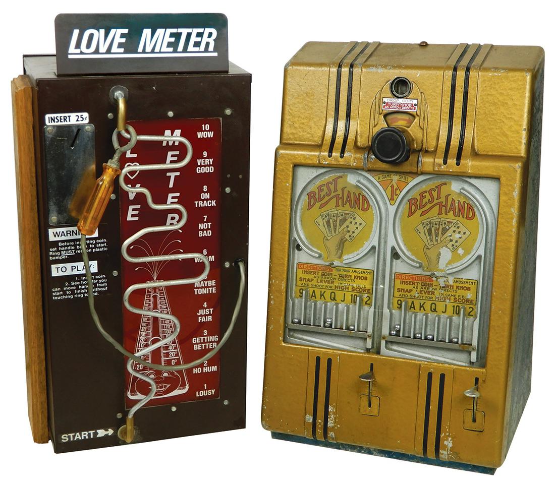 Coin-Operated Amusement Games (2), Love Meter, 25 Cent,: Coin-Operated Amusement Games (2), Love Meter, 25 Cent, measures your "Love Power" from Lousy to WOW!, by Rockwell Enterprises, c.1980s, Exc working cond & Best Hand, 1 Cent, 2-player poker game by Da