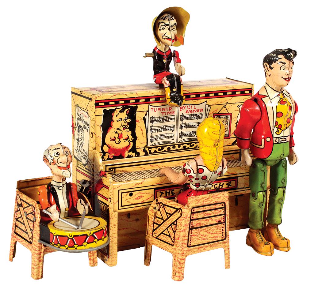 Toy Dogpatch Band, litho on tin windup, mfgd by Unique: Toy Dogpatch Band, litho on tin windup, mfgd by Unique Art Mfg Co., c.1945, Exc working cond w/very nice finish, mammy figure missing an arm, 9.75"L.