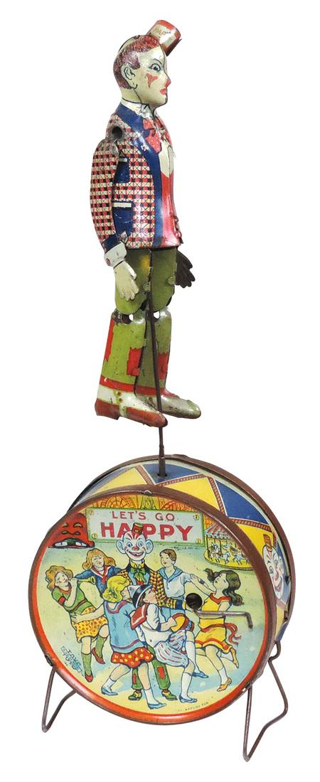 Toy "Happy" the dancing clown, Scarce, litho on tin: Toy "Happy" the dancing clown, "Happy Hooligan", Scarce, litho on tin w/crank operated action, mfgd by Kiddie Metal Toy Co., c.1930s, Exc working cond, 11"H.