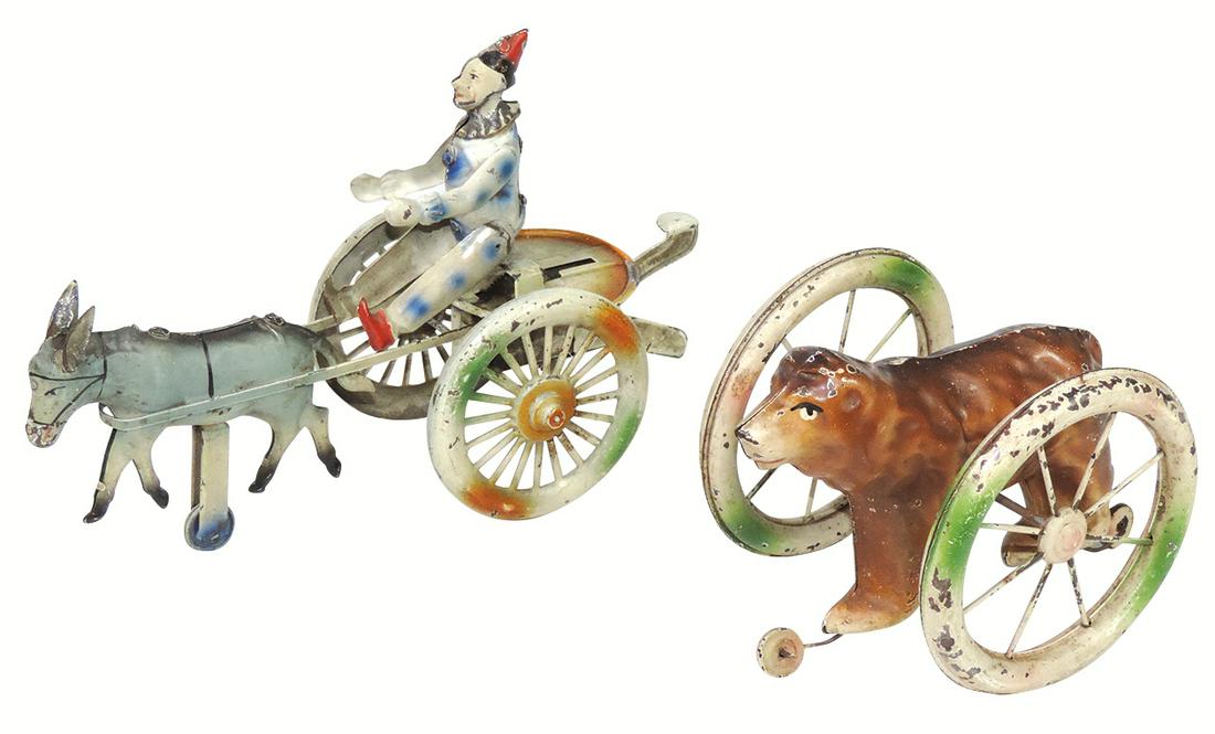 Toys (2), Donkey Cart w/Clown, German painted squeeze: Toys (2), Donkey Cart w/Clown, German painted squeeze windup & a similar make Brown Bear pull toy, c.1890s, VG working cond, larger 10"L.