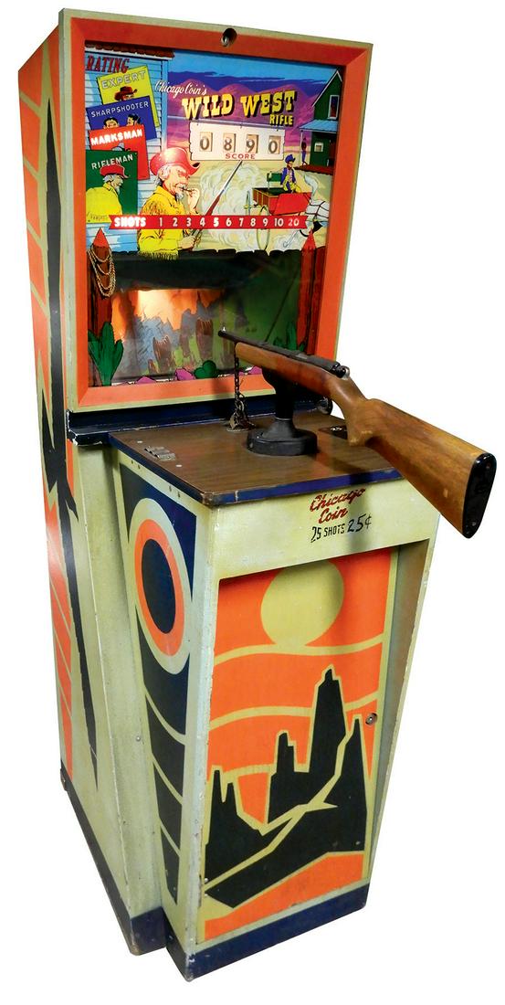 Coin-Operated Arcade Machine, Wild West Target, mfgd by: Coin-Operated Arcade Machine, Wild West Target, mfgd by Chicago Coin, 25 Cent 2-player game, shoot to become an expert, c.1967, VG+ orig working cond & plays well, 73"H x 25"W x 46"D to end of rifle s