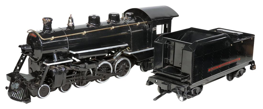 Toy Train, Buddy L Outdoor Railroad, 963 Locomotive &: Toy Train, Buddy L Outdoor Railroad, 963 Locomotive & Tender, pressed steel, mfgd by T-Reproductions, motorized locomotive w/battery in tender, VG cond w/some oxidized spots, untested, larger 9.5"H x 