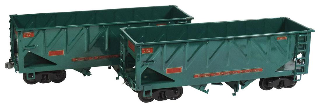 Toy Train, Buddy L Outdoor Railroad Hoppers (2),: Toy Train, Buddy L Outdoor Railroad Hoppers (2), pressed steel, mfgd by T-Reproductions, each w/dual bottom dumps, VG to Exc cond, ea 22"L.