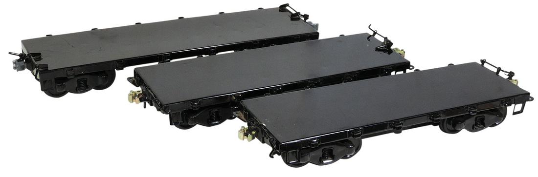Toy Train, Buddy L Outdoor Railroad Flat Cars (3),: Toy Train, Buddy L Outdoor Railroad Flat Cars (3), pressed steel, mfgd by T-Reproductions, VG to Exc cond, ea 22"L.
