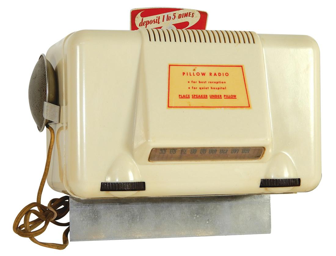 Coin-Operated Hotel Radio w/pillow speaker, mfgd by: Coin-Operated Hotel Radio w/pillow speaker, mfgd by Texas Co., "Deposit 1 to 5 Dimes", molded plastic case, VG working cond, key absent, 9"H x 10"W.