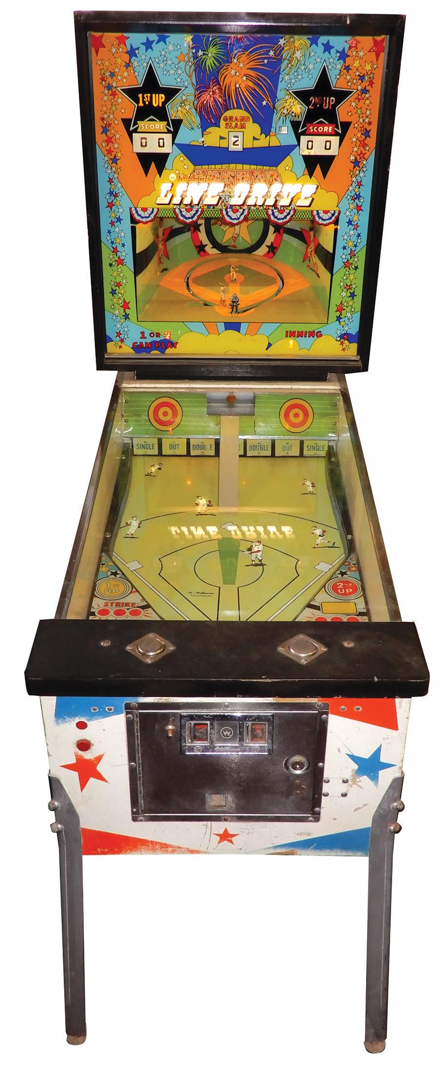 Coin-Operated Pinball Machine, Williams Line Drive, 25: Coin-Operated Pinball Machine, Williams Line Drive, 25 Cent 2-player game, classic baseball theme w/batting action, c.1972, VG+ orig working cond & plays well, 75"H x 28"W x 61"D.