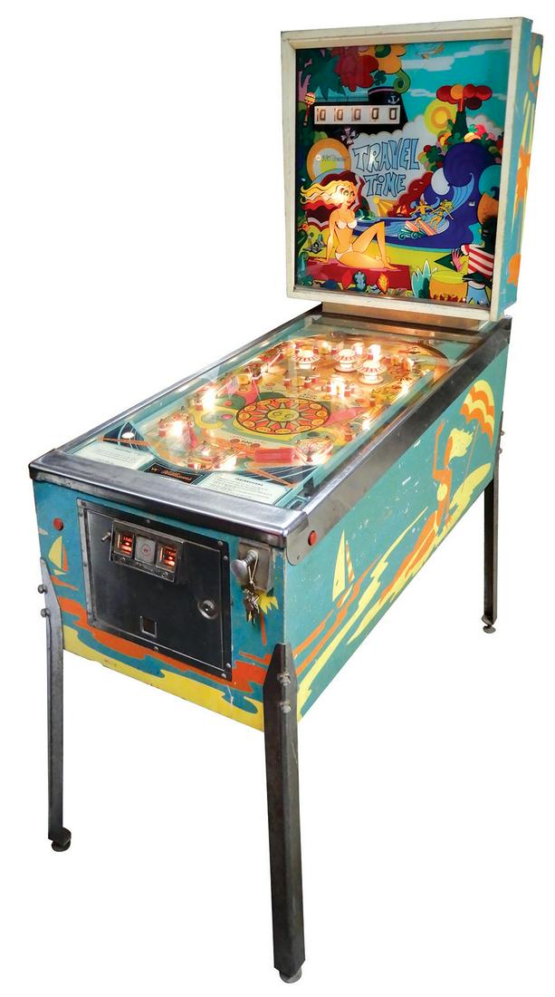 Coin-Operated Pinball Machine, Williams Travel Time, 25: Coin-Operated Pinball Machine, Williams Travel Time, 25 Cent game, summer travel theme w/beaches & surfer graphics, c.1972, VG+ orig working cond & plays well, 71"H x 25"W x 53"D.