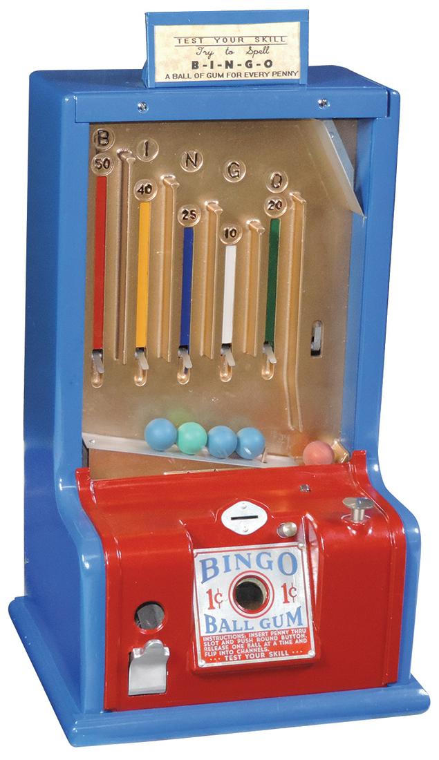 Coin-Operated Chewing Gum Bingo 1 Cent: Coin-Operated Chewing Gum Bingo 1 Cent Vendor/Trade Stimulator, die-cast metal "Try to spell Bingo-test your skill", c.1940s, Exc restored working cond w/key, 19"H x 10"W x 9"D.