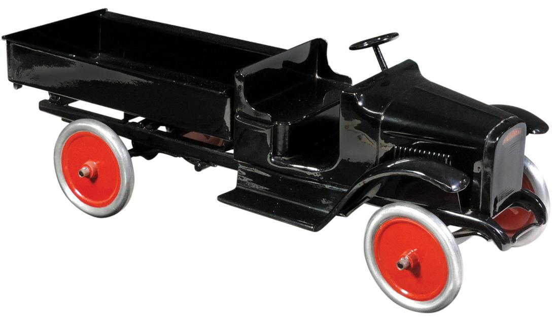 Toy truck, Buddy L Dump Truck, pressed steel, mfgd by: Toy truck, Buddy L Dump Truck, pressed steel, mfgd by Moline Pressed Steel Co., c.1928, working chain-drive dump bed, Exc+ prof restored cond, 24"L.