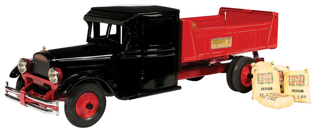 Toy Truck, Buddy L Jr. Dump Truck Model #2001, pressed: Toy Truck, Buddy L Jr. Dump Truck Model #2001, pressed steel, mfgd by Moline Pressed Steel Co., c.1930, Exc+ prof restored cond w/operating doors, tilt bed, swing gate & later miniature cargo display,