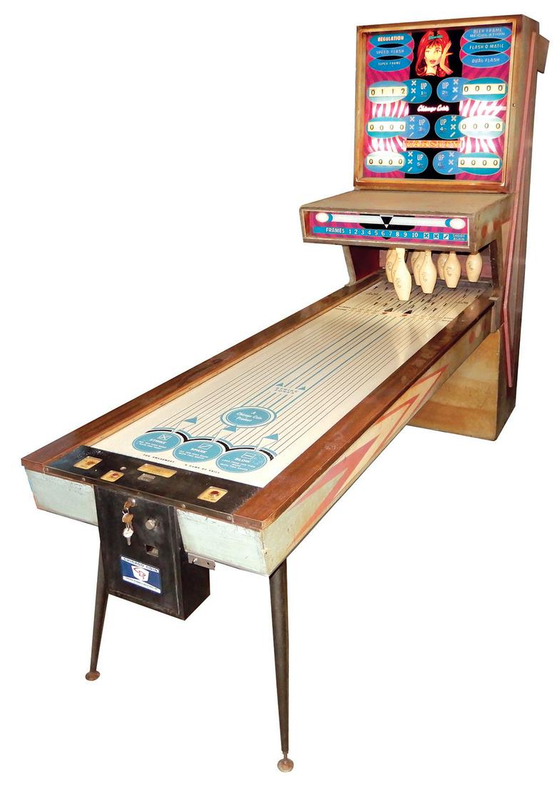 Coin-Operated Arcade Machine, Chicago Coin Varsity: Coin-Operated Arcade Machine, Chicago Coin Varsity Shuffle Alley bowling, 25 Cent, up to 6 players, Classic 1960s style, VG+ orig cond, plays well, 79"H x 30"W x 109"L.