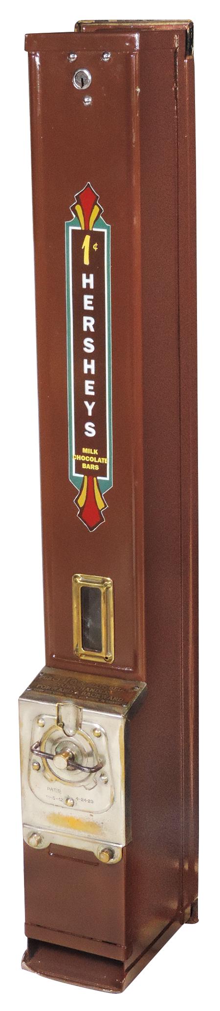 Coin-Operated Hershey's Chocolate 1 Cent Unit C Vendor,: Coin-Operated Hershey's Chocolate 1 Cent Unit C Vendor, wall mount pressed steel, mfgd by Advance Machine Co., pat'd 1923, Good working cond w/key, repainted w/new graphic & wear to nickel plate, 30.5