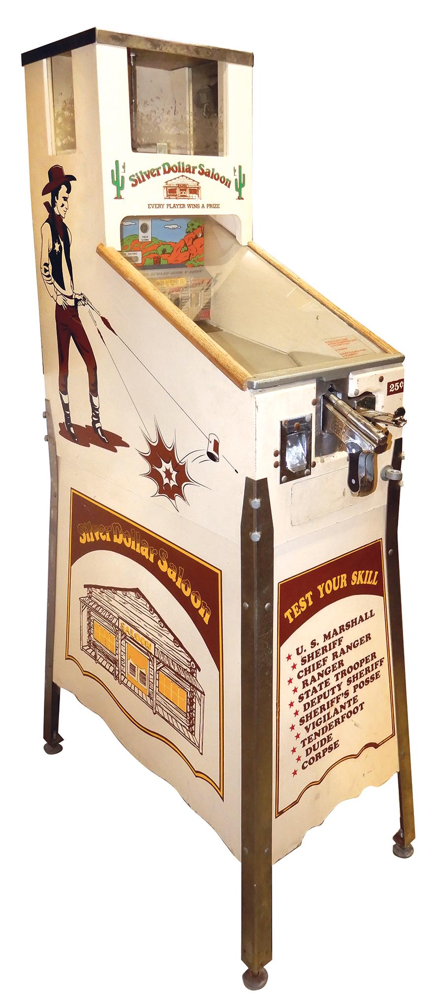 Coin-Operated Arcade Machine, Silver Dollar Saloon: Coin-Operated Arcade Machine, Silver Dollar Saloon target game, 25 Cent, made by Johnson Products-E. Moline, IL, Model #901, "Every player wins a prize," super ball or gumball, c.1970s, VG+ orig worki