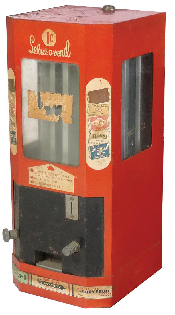Coin-Operated Vendor, Select-O-Vend, 1 Cent, 9-column,: Coin-Operated Vendor, Select-O-Vend, 1 Cent, 9-column, rotating carousel w/decals for various gum products, Good orig working cond, no key, 17"H x 7.5"W x 9"D.