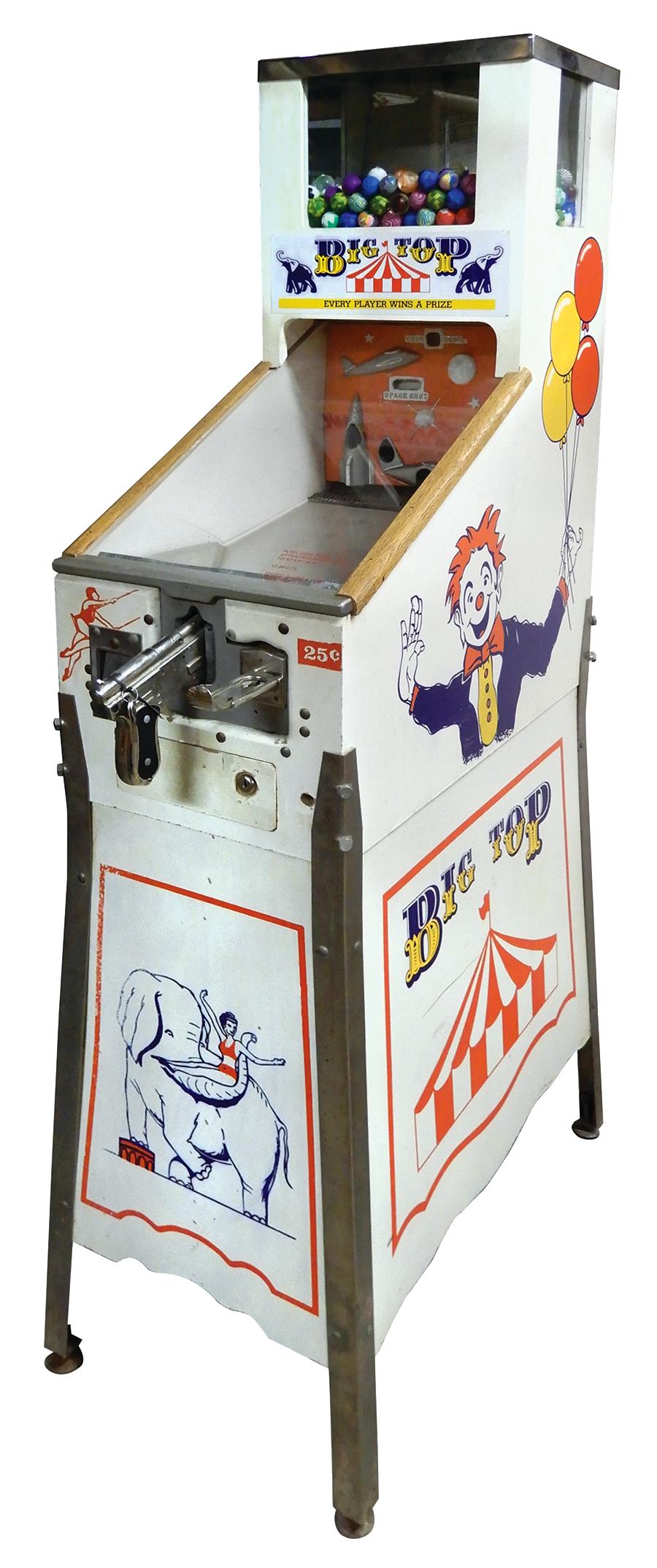 Coin-Operated Arcade Machine, Big Top Target, 25 Cent,: Coin-Operated Arcade Machine, Big Top Target, 25 Cent, made by Johnson Products-E. Moline, IL, Model #900, "Every player wins a prize," super ball or gumball, c.1970s, 66"H x 18"W x 33"D.
