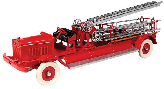 Toy Fire Truck, Kingsbury Aerial Ladder, Rare Little: Toy Fire Truck, Kingsbury Aerial Ladder, Rare Little Jim Model #322, pressed steel, mfgd by Kingsbury Mfg. Co. for J.C. Penney, c.1929 w/windup spring motor, beautiful Exc+ prof restored cond w/workin