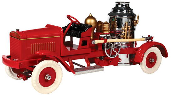 Toy Fire Truck, Kingsbury Steam Boiler Pumper, pressed: Toy Fire Truck, Kingsbury Steam Boiler Pumper, pressed steel, mfgd by Kingsbury Mfg. Co., c.1926, Exc prof restored cond noting a small ding to boiler, 23"L.