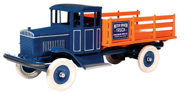 Toy Truck, Kingsbury Motor Driven Truck Model 318,: Toy Truck, Kingsbury Motor Driven Truck Model 318, pressed steel, mfgd by Kingsbury Mfg. Co., c.1926, Exc prof restored cond w/working motor & loose crank, 26"L.