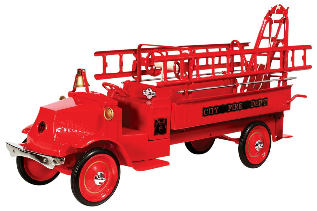 Toy Fire Truck, Steelcraft City Fire Dept Mack Hook &: Toy Fire Truck, Steelcraft City Fire Dept Mack Hook & Ladder, pressed steel, mfgd by Murray Ohio Mfg. Co., c.1920s, Exc prof restored cond noting a few paint flakes to 1 ladder & mounts, 26.5"L.