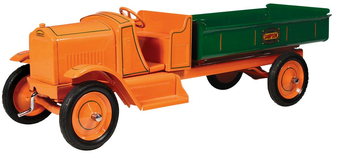 Toy Truck, Sampson Utility Model #311, pressed steel,: Toy Truck, Sampson Utility Model #311, pressed steel, mfgd by Gendron Wheel Co., c.1927, Exc+ cond, prof restoration in orange & forest green w/pin-striping, 28"L.