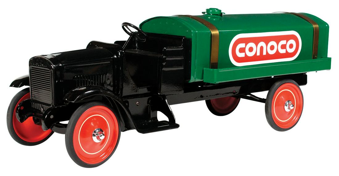 Toy Truck, Steelcraft Oil Tanker, pressed steel, mfgd: Toy Truck, Steelcraft Oil Tanker, pressed steel, mfgd by Murray Ohio Mfg. Co., c.1920s, Exc+ prof restored cond w/custom Conoco branding, 25.25"L.