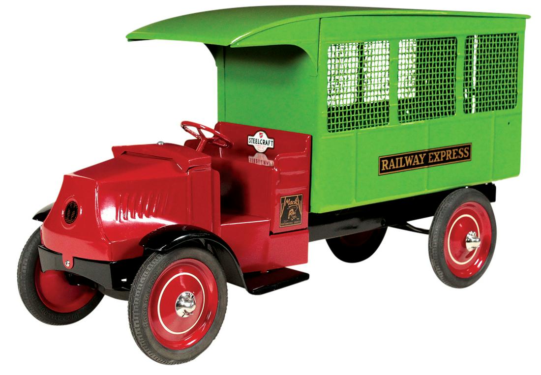 Toy Truck, Steelcraft Mack Railway Express, pressed: Toy Truck, Steelcraft Mack Railway Express, pressed steel w/woven wire panels, mfgd by Murray Ohio Mfg. Co., c.1927, Exc+ prof restored cond, 25"L.