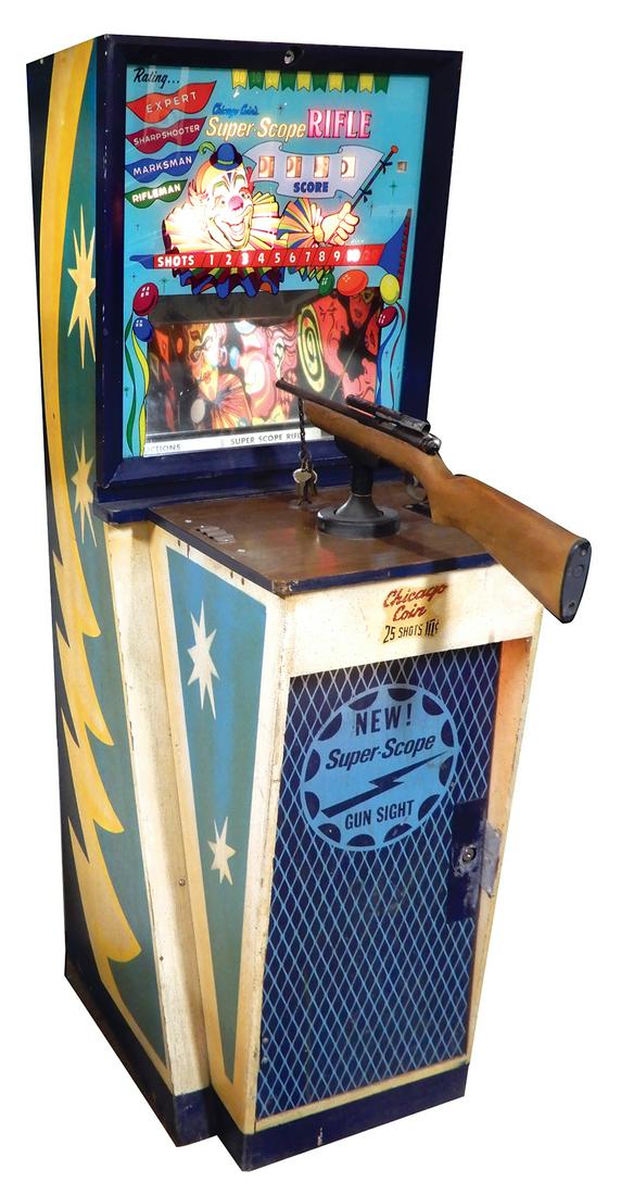 Coin-Operated Arcade Machine, Super Scope Rifle target: Coin-Operated Arcade Machine, Super Scope Rifle target game, 10 Cent, made by Chicago Coin, "Rifleman to Expert," c.1966, back glass VG/Exc w/some scratching, cosmetics VG/Exc, overall VG+ orig workin