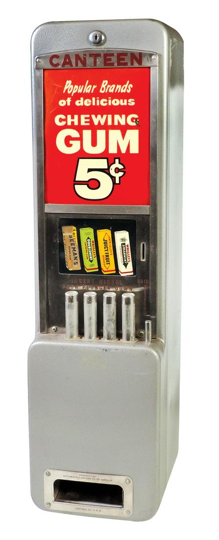 Coin-Operated Canteen Chewing Gum 5 Cent Vendor,: Coin-Operated Canteen Chewing Gum 5 Cent Vendor, pressed steel w/pewter hammertone finish & stainless trim, 4-column, mfgd by Rowe Mfg. Inc. w/celluloid product graphics for Beemans & Wrigley's, VG or