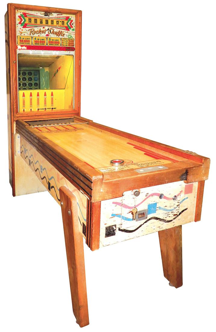 Coin-Operated Arcade Machine, Rocket Shuffle shuffle: Coin-Operated Arcade Machine, Rocket Shuffle shuffle board game, 10 Cent, made by Chicago Coin, targets launch balls that land in 25 cups w/scores for inline & crisscross landings, c.1948, cabinet cos