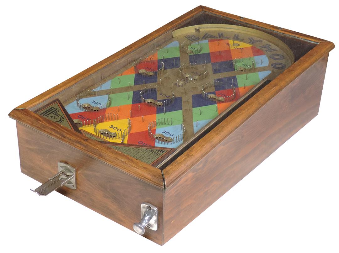 Coin-Operated Pinball Machine, Ballyhoo table top, 10: Coin-Operated Pinball Machine, Ballyhoo table top, 10 balls for 5 Cents, pre-flipper, Exc working cond, 9"H x 16.5"W x 34"L.