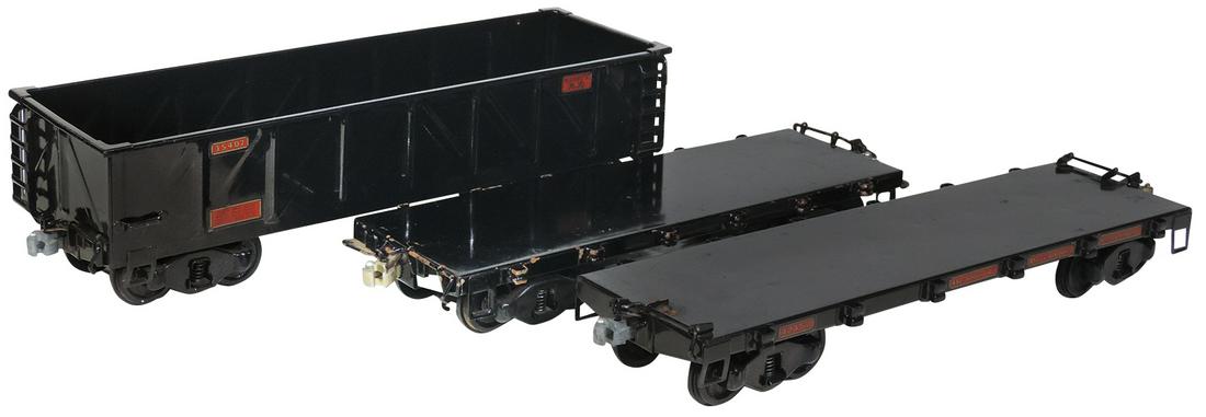 Toy Train, Buddy L Outdoor Freight Cars (3), pressed: Toy Train, Buddy L Outdoor Freight Cars (3), pressed steel, mfgd by T-Reproductions, 2 flat cars & #35407 gondola, VG to Exc cond, one flat car w/scattered oxidation, largest 22"L.