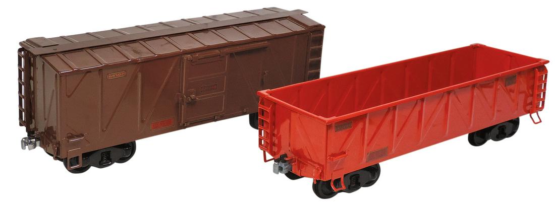 Toy Train, Buddy L Outdoor Freight Cars (2), pressed: Toy Train, Buddy L Outdoor Freight Cars (2), pressed steel, mfgd by T-Reproductions, #70836 box car & #35407 gondola, Exc+ cond, larger 22"L.