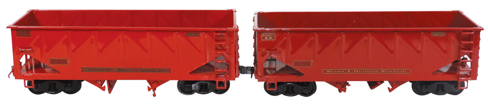 Toy Train, Buddy L Outdoor Freight Cars (2), pressed: Toy Train, Buddy L Outdoor Freight Cars (2), pressed steel, mfgd by T-Reproductions, both bottom dump hoppers & numbered 66834, both Exc cond w/some edge rubbing, ea 22"L.