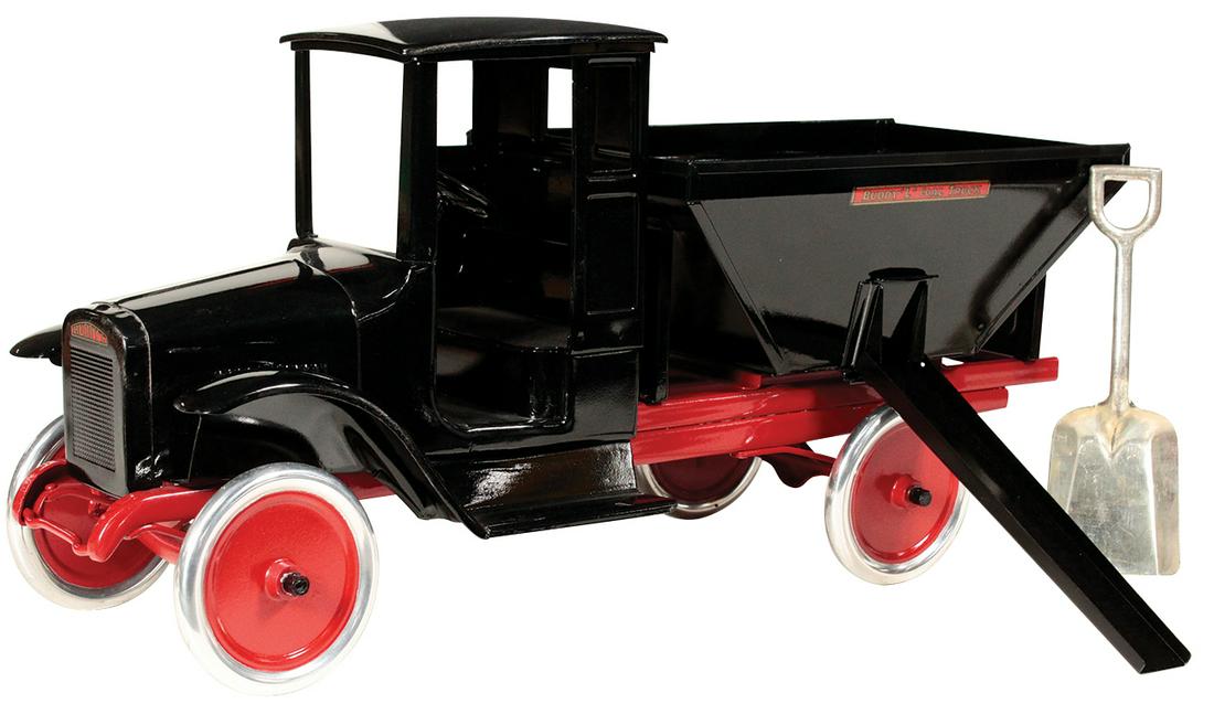 Toy Truck, Buddy L Coal Delivery Model #202, pressed: Toy Truck, Buddy L Coal Delivery Model #202, pressed steel, mfgd by Moline Pressed Steel Co., c.1928, w/left & right-side hatches & removable chute, Exc+ prof restored cond, 25"L.