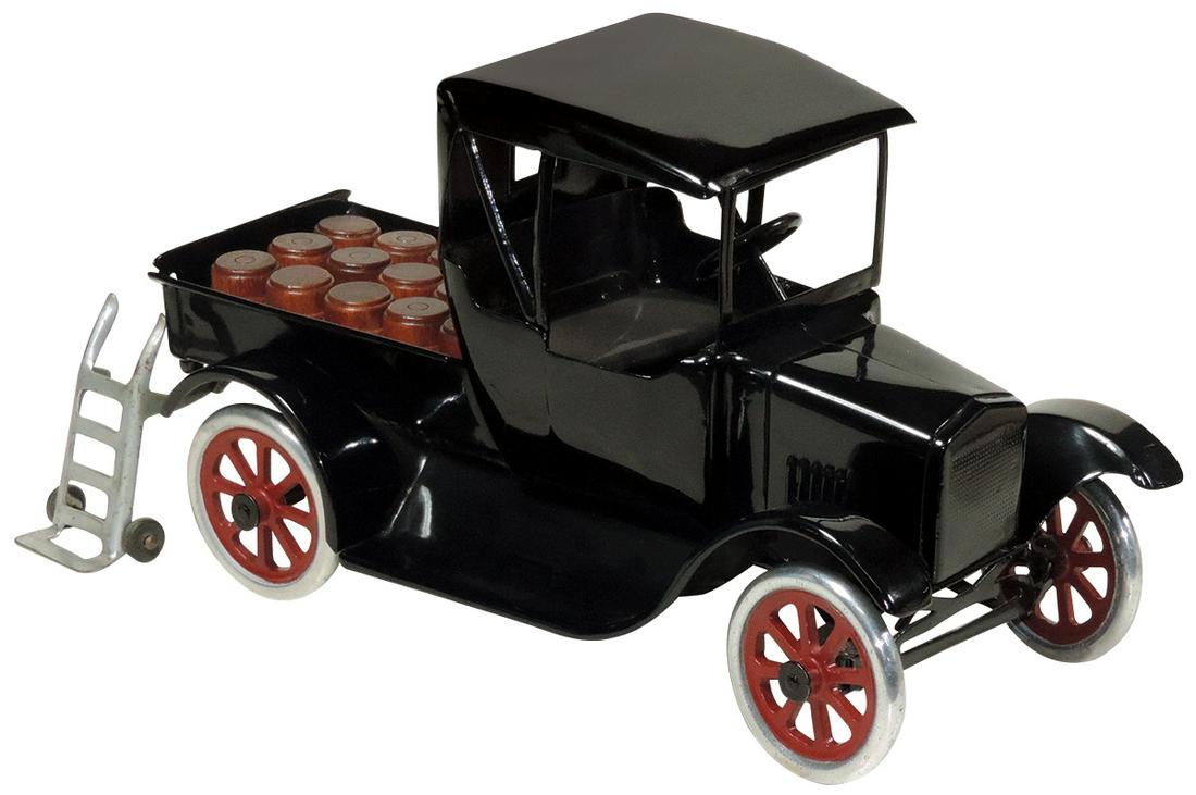 Toy Truck, Buddy L Roadster Pick-Up, pressed steel,: Toy Truck, Buddy L Roadster Pick-Up, pressed steel, mfgd by Moline Pressed Steel Co., c.1920s, Exc prof restored cond w/hand cart & later wood beer barrels, 12"L.