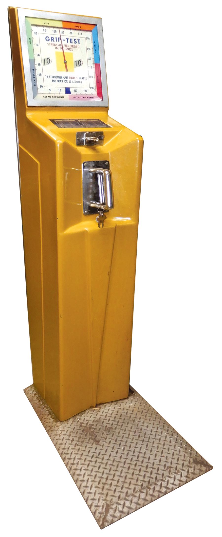 Coin-Operated Arcade Machine, Grip-Test strength: Coin-Operated Arcade Machine, Grip-Test strength tester, 10 Cent, made by All-Tech-Hialeah, FL, c.1950, cabinet cosmetics VG to Exc cond, overall VG working cond, 68"H x 19" W x 36"D.