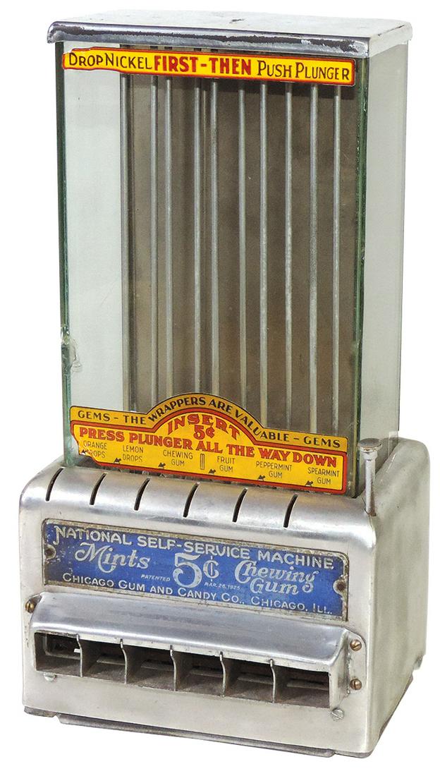 Coin-Operated National Self Service 5 Cent Vendor,: Coin-Operated National Self Service 5 Cent Vendor, pressed aluminum & glass, mfgd by Chicago Gum & Candy Co., pat'd 1925, five dispensing columns, Good orig cond & decals, chip to front panel, unteste