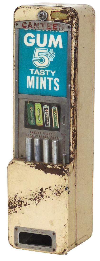 Coin-Operated Canteen Gum & Mint 5 Cent Vendor, pressed: Coin-Operated Canteen Gum & Mint 5 Cent Vendor, pressed steel 4-column wall mount, mfgd by Rowe Mfg. Co., c.1940s, Fair orig cond w/signs of use & wear, no key, 28.5"H x 8"W x 8'D.