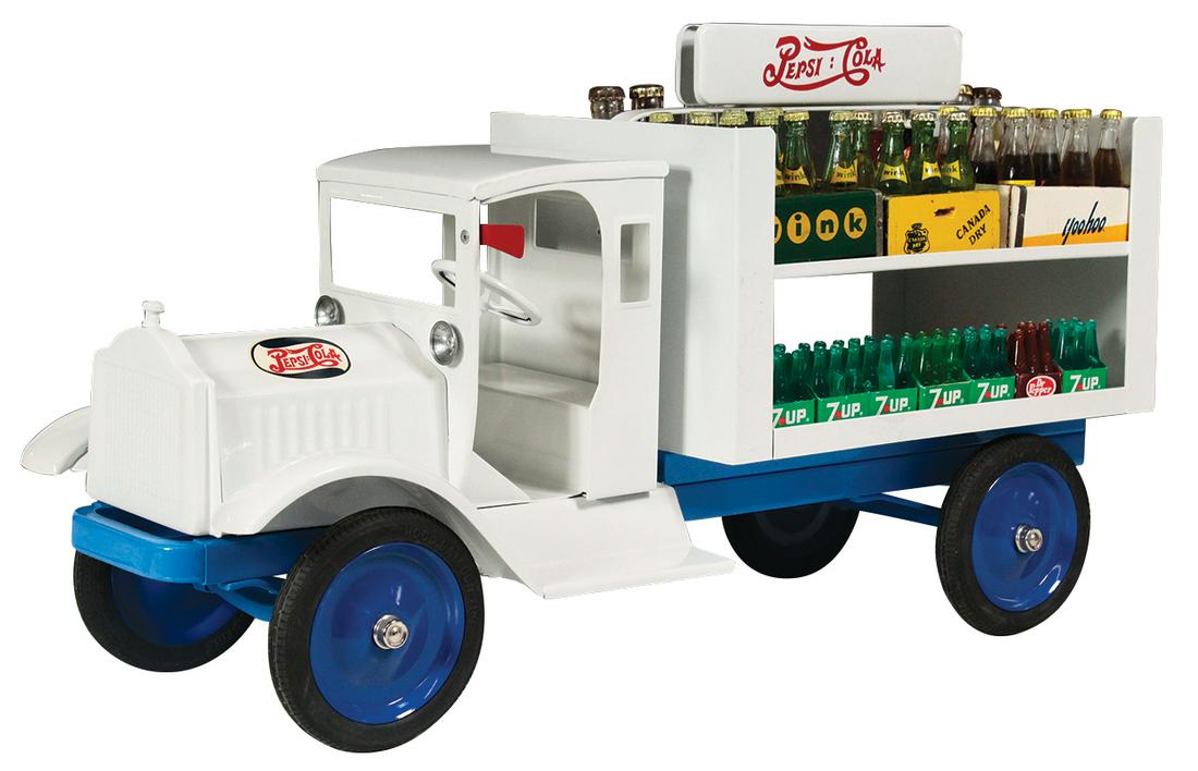 Toy Truck, Keystone Packard Pepsi Delivery, pressed: Toy Truck, Keystone Packard Pepsi Delivery, pressed steel, c.1927, prof customized restoration w/vintage glass bottle products, wood 12-packs & later 7Up plastic 6-packs, Exc+ cond, 24"L.
